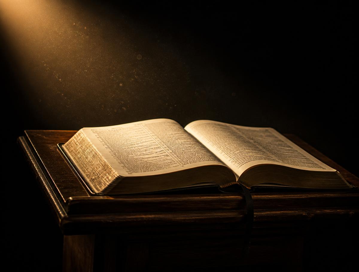 Open bible lit by a shaft of golden light