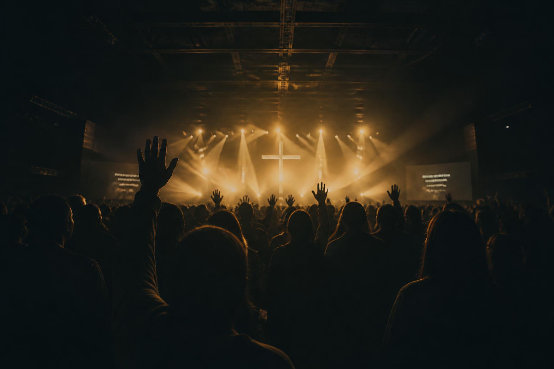 Congregation worshipping with raised hands under golden stage light